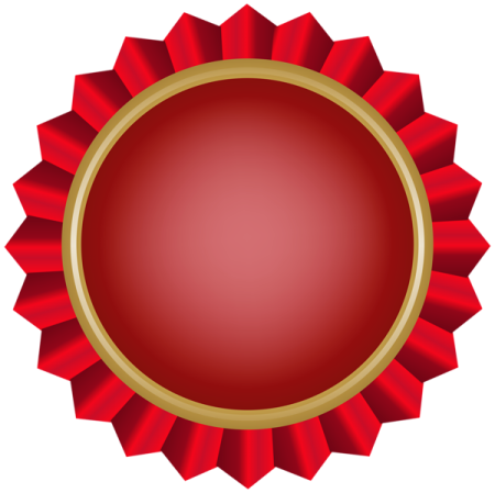 a red rosette with a gold border