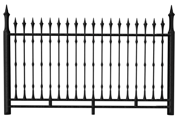 a black wrought fence on a white background