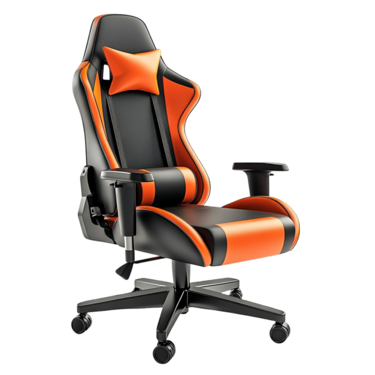 a black and orange office chair on a white background