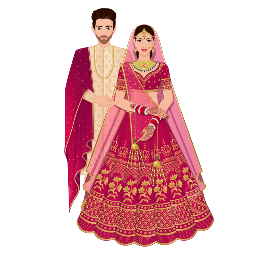 a bride and groom in traditional indian wedding outfits
