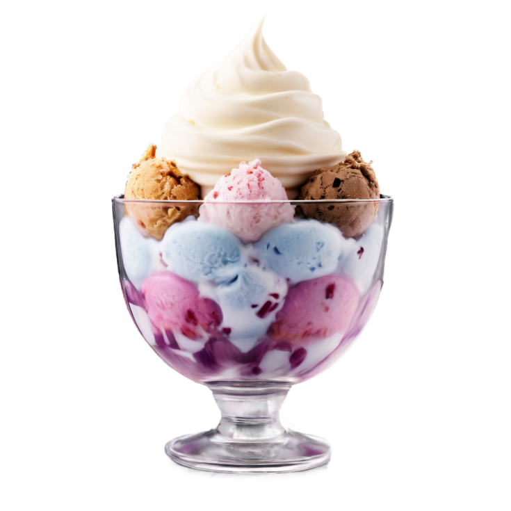 a glass bowl filled with ice cream and blueberries