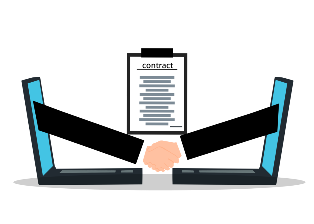 two hands shaking over a laptop with a document on it