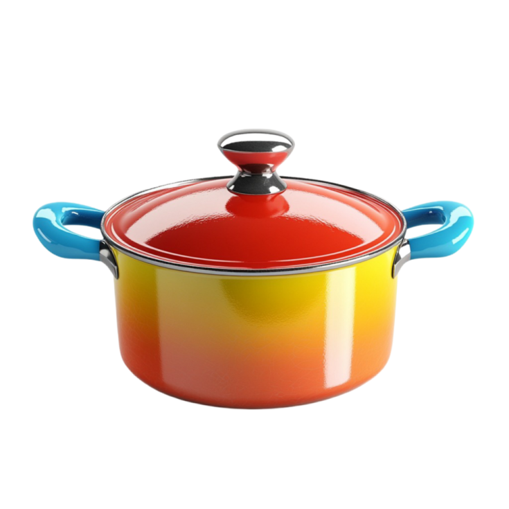 a red and yellow pot with a lid