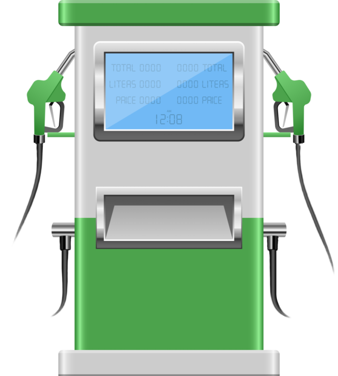 a gas station with a green fuel pump