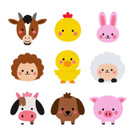 a set of farm animals and chickens