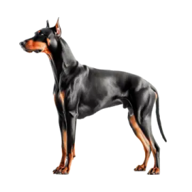 a black and brown dog standing on a white background