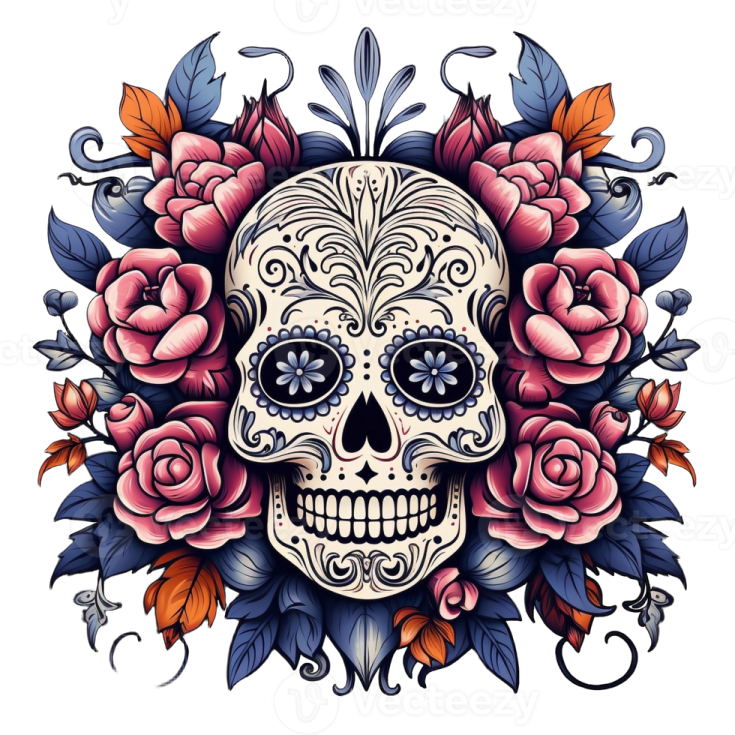 a sugar skull with roses and leaves