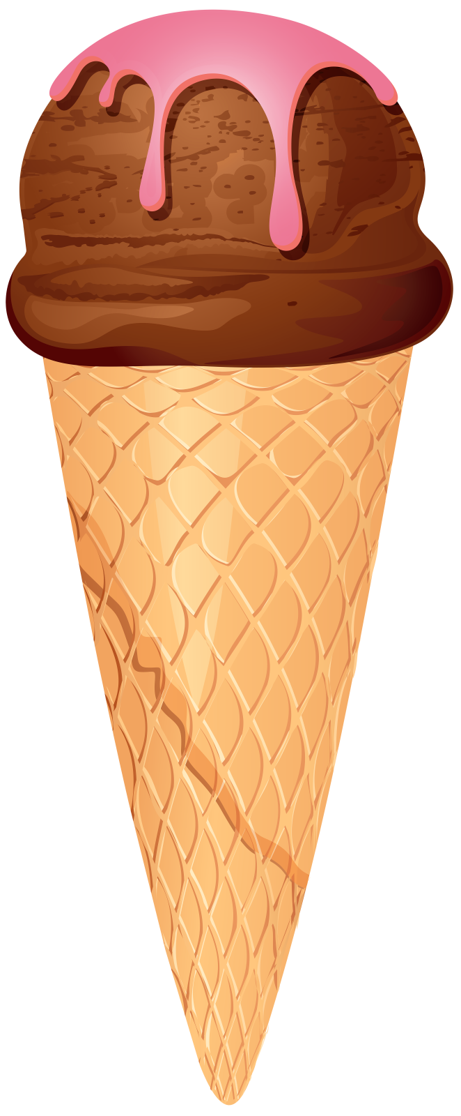an ice cream cone with chocolate and pink icing