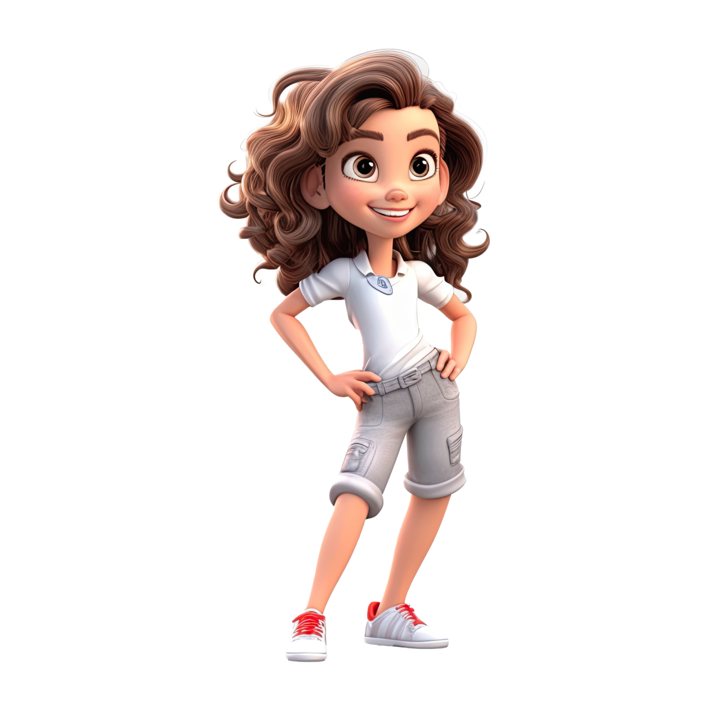 a cartoon character in a white shirt and grey shorts