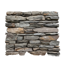 a close up view of a stacked stone wall