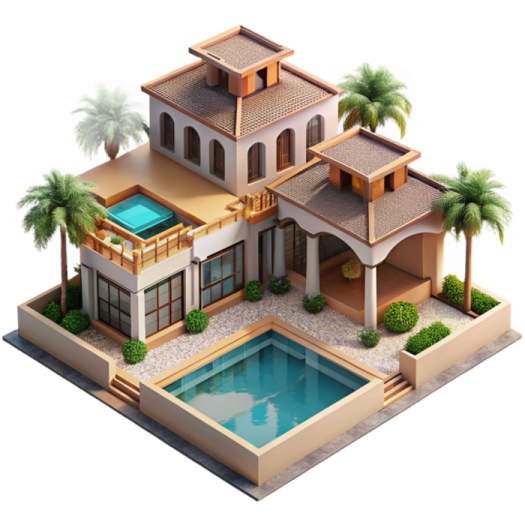 a house with swimming pool and palm trees
