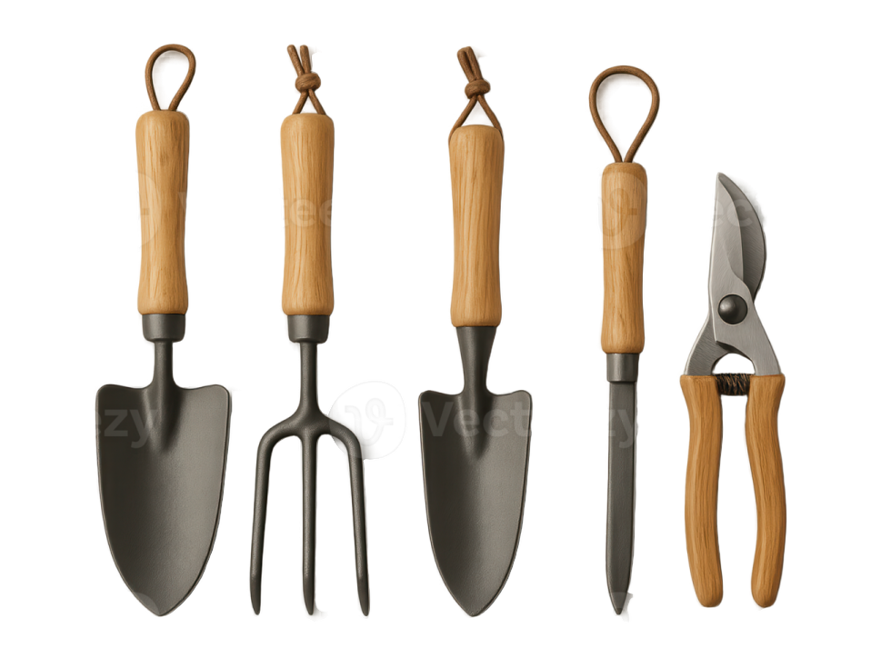 a set of garden tools on a white background