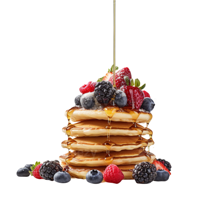 a stack of pancakes with berries and syrup