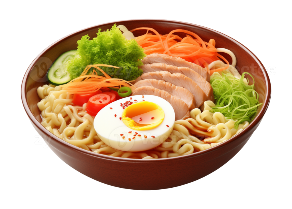 a bowl of noodles with meat, vegetables and an egg