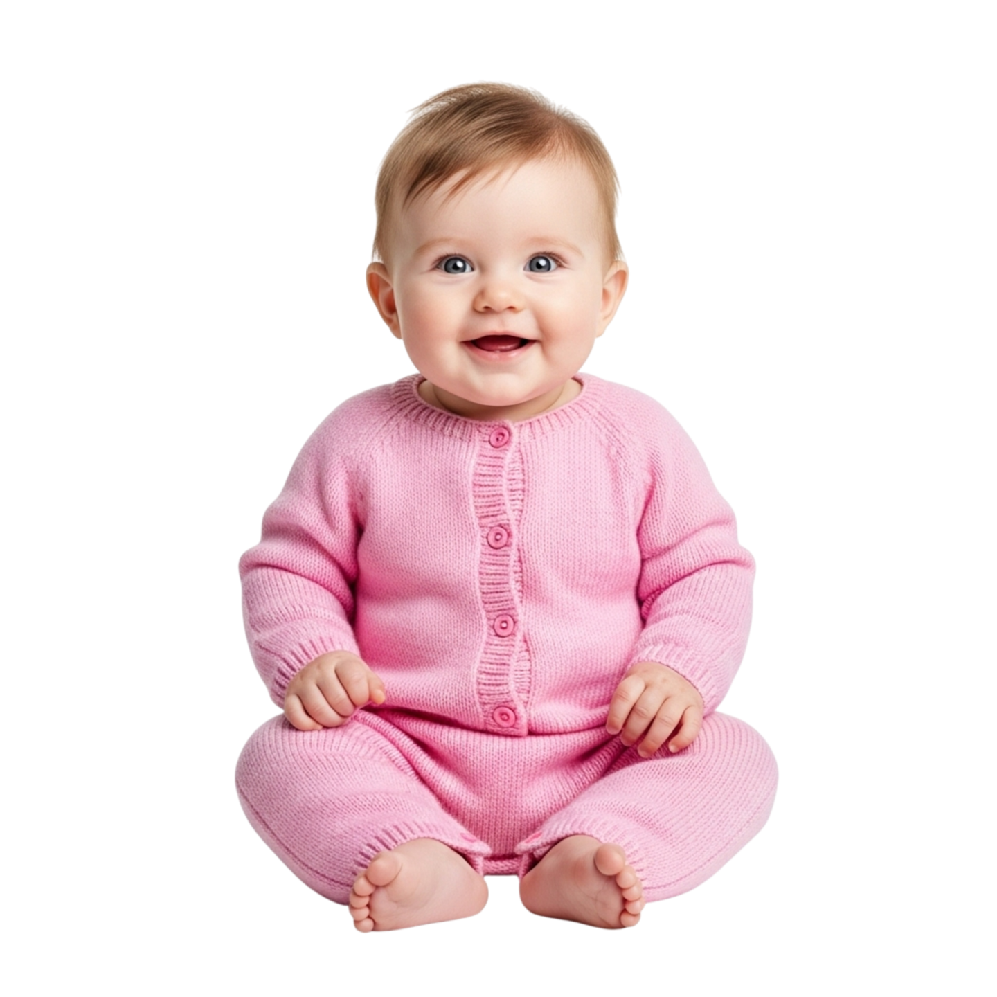 a baby sitting on the floor wearing a pink sweater
