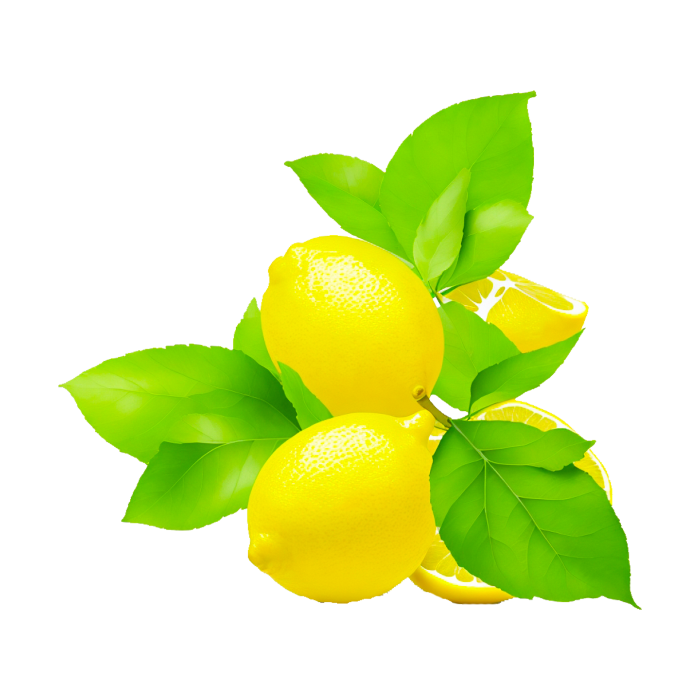 a bunch of lemons with green leaves