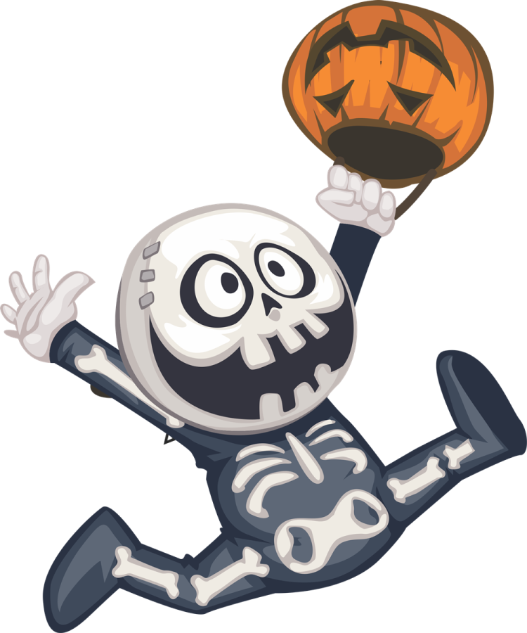 a cartoon skeleton playing basketball with a ball
