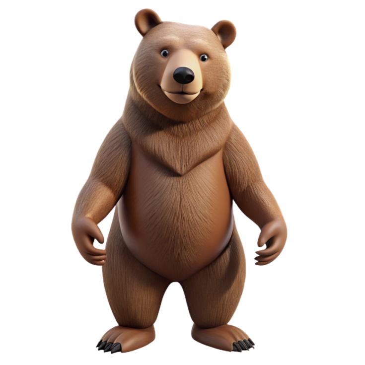 a brown bear standing in front of a white background