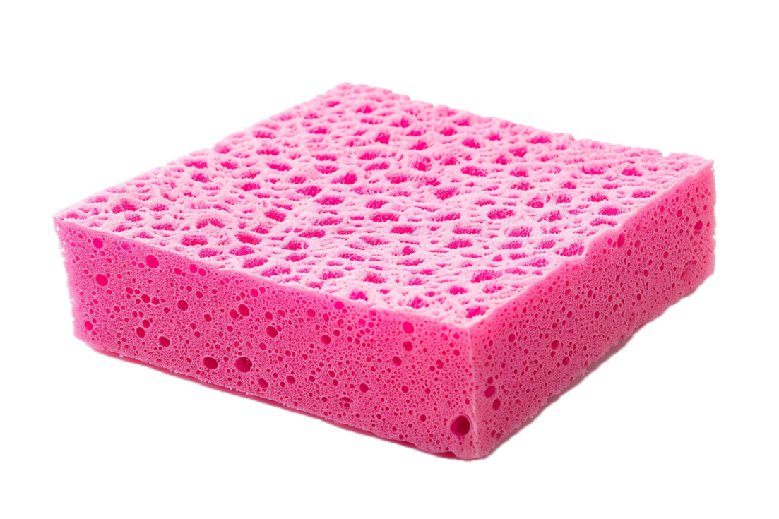 a pink sponge on a white background