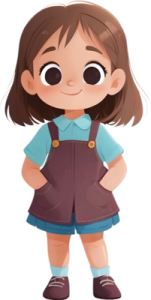 a little girl in a blue shirt and brown overalls