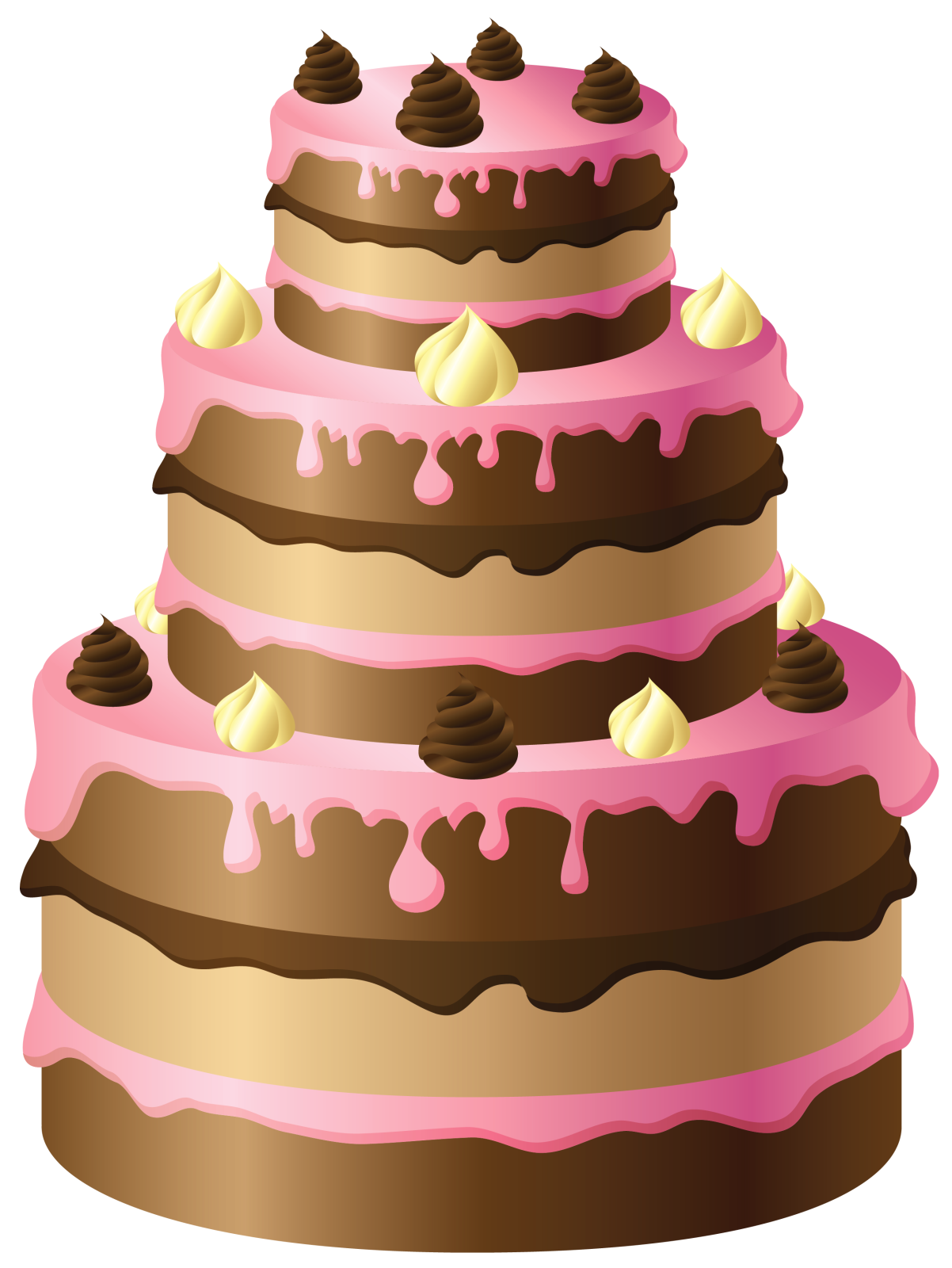 a three tier cake with pink icing on top