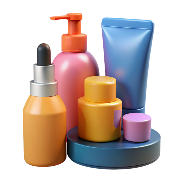 a group of different colored bottles and containers
