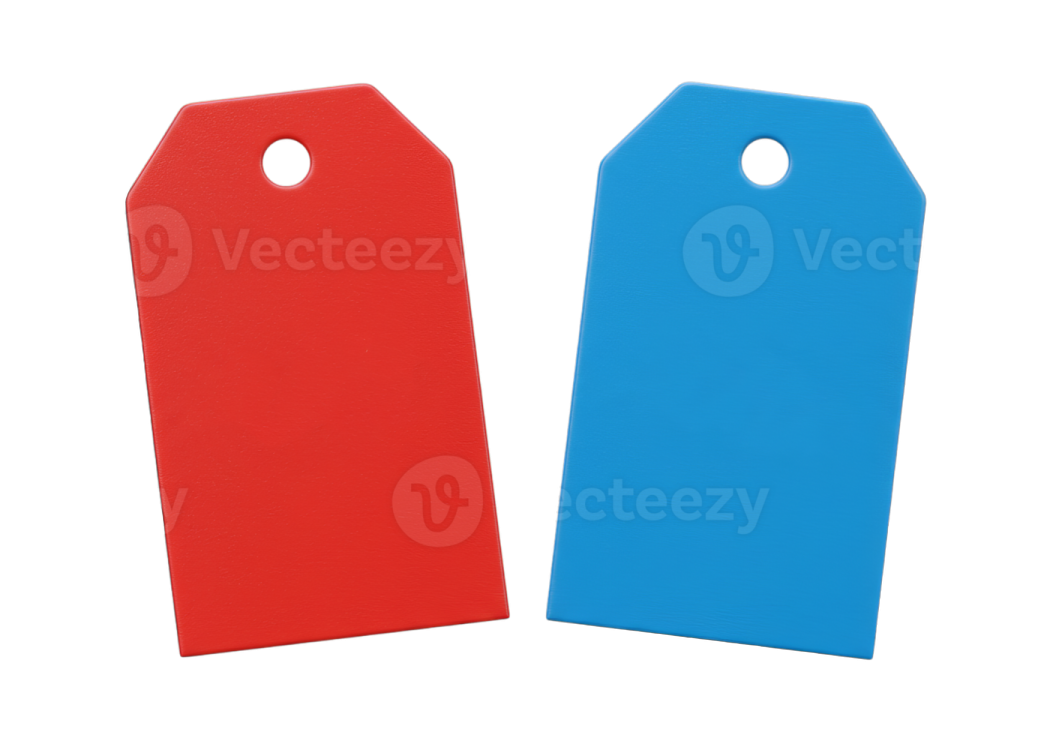two red and blue tags on white background