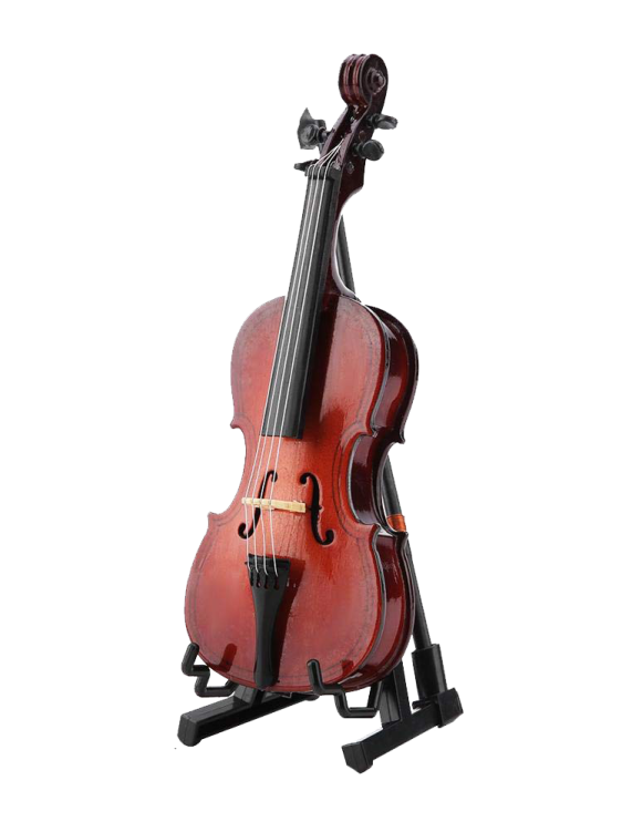 a violin on a stand with a white background