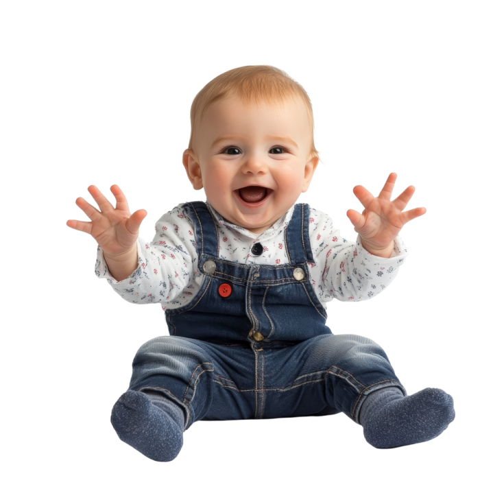 a baby sitting on the floor with his hands up