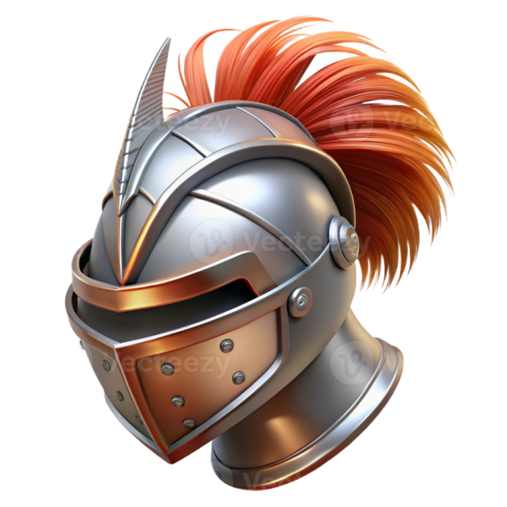 a knight's helmet with red hair