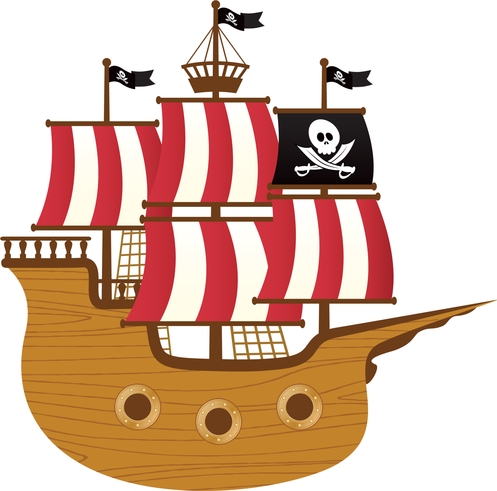a pirate ship with red and white sails
