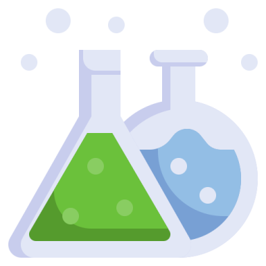 a laboratory flask with green and blue liquids