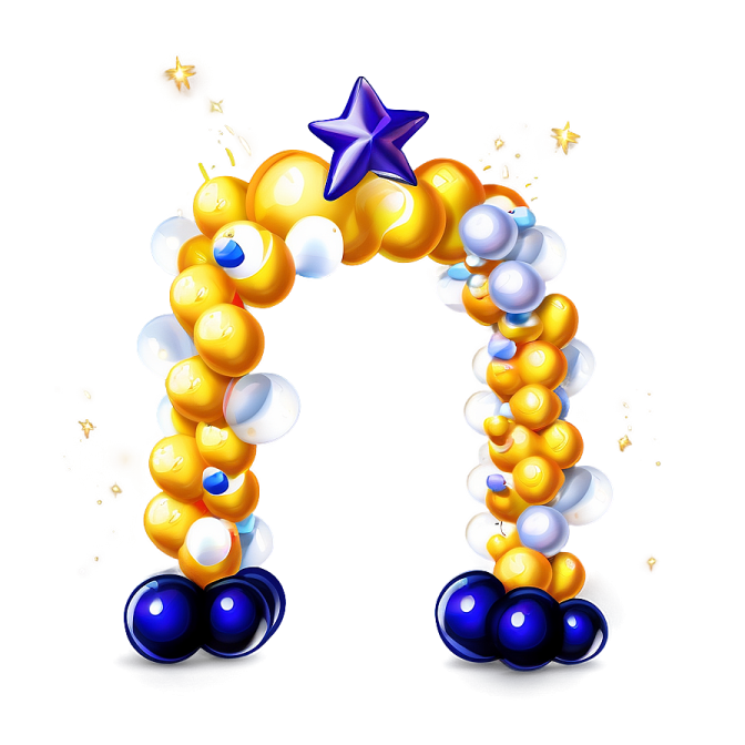 a gold and blue balloon arch with stars