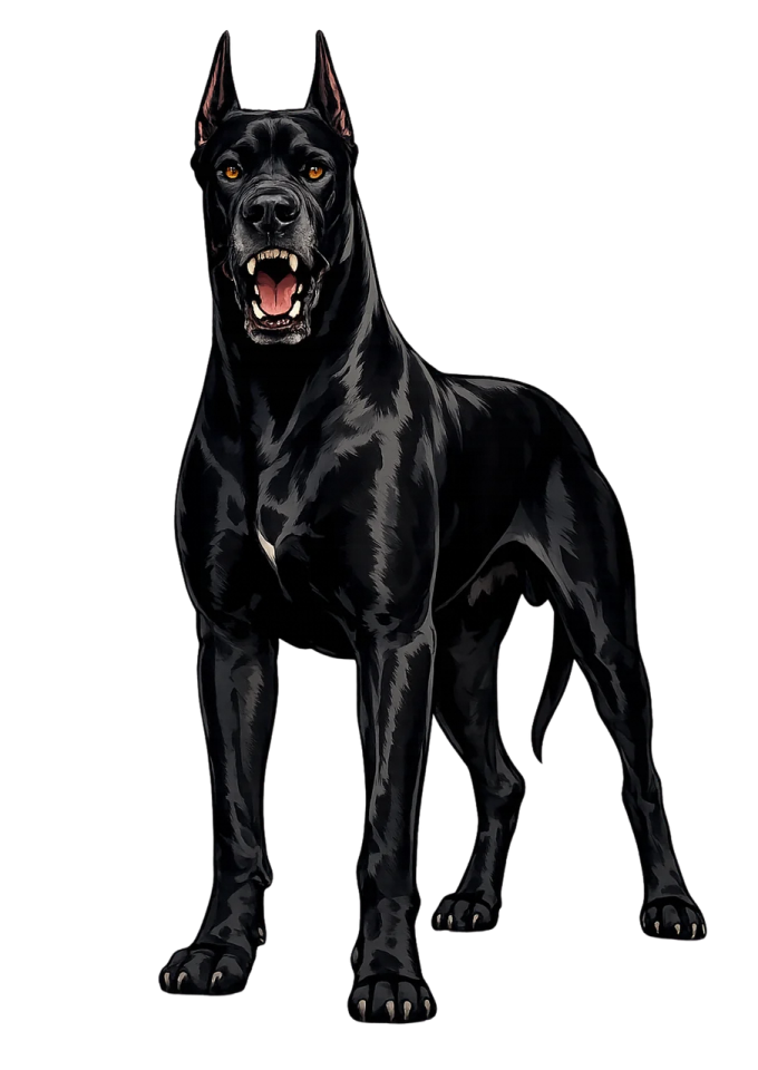 a black dog standing on a white background