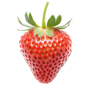 a strawberry with green leaves on it