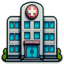 a hospital building with a red cross on top