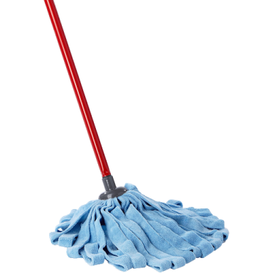 a blue mop with a red handle