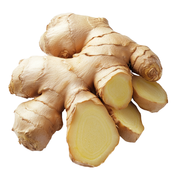 a pile of sliced ginger on a white background