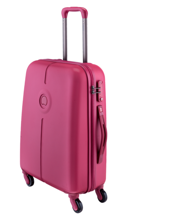 a pink suitcase with wheels