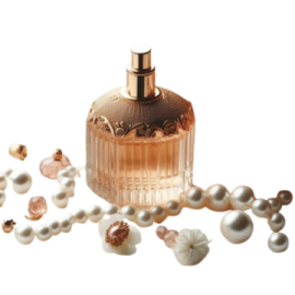 a bottle of perfume surrounded by pearls