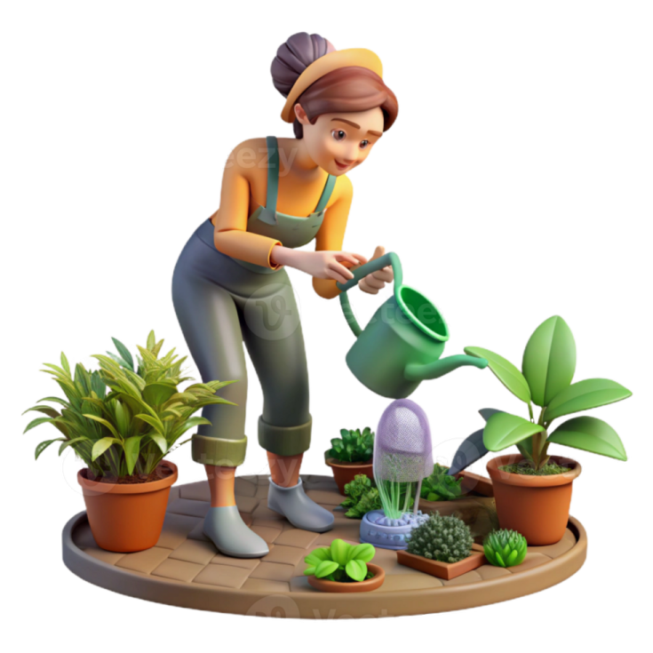 a woman watering plants in her garden