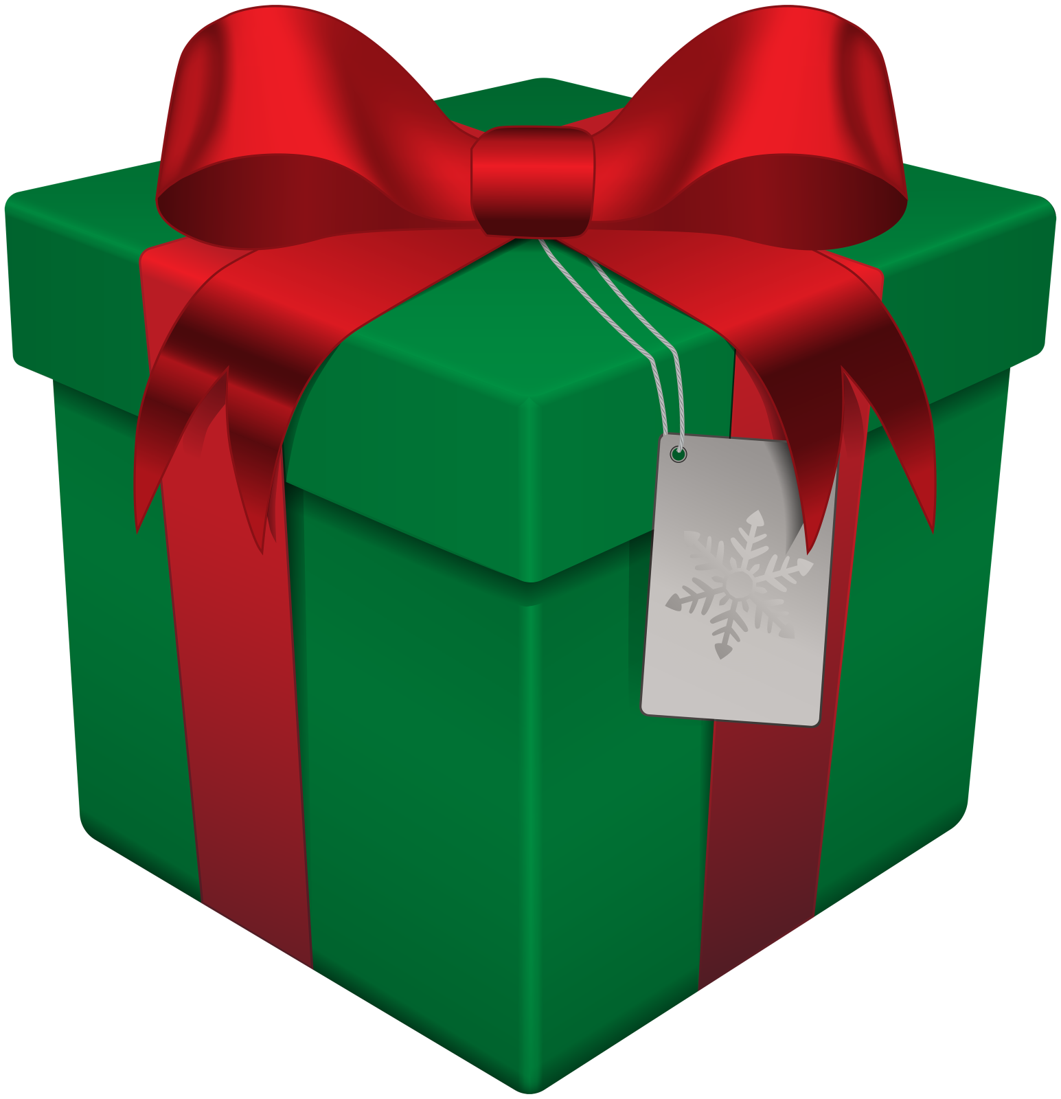a green gift box with red ribbon and a tag