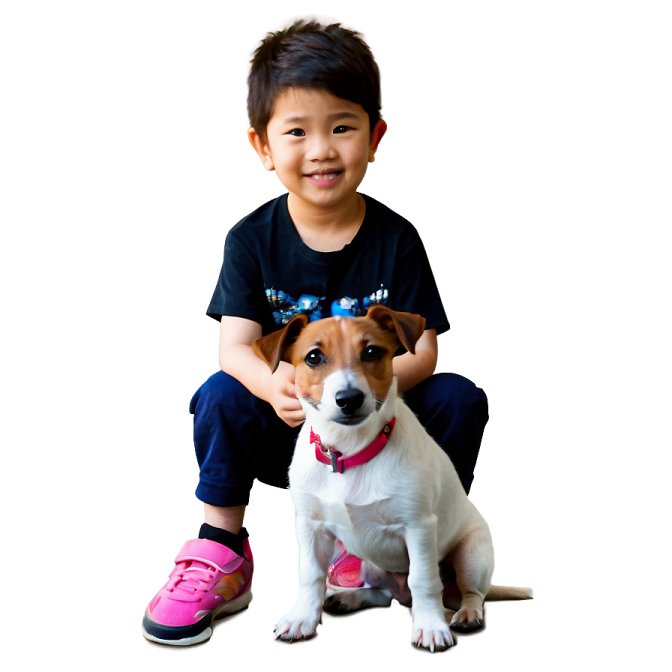 a small dog sitting next to a little boy