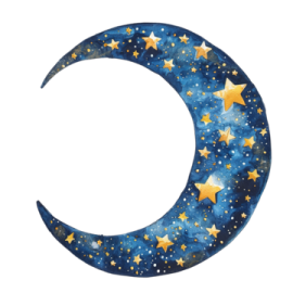 a blue and gold crescent with stars on it