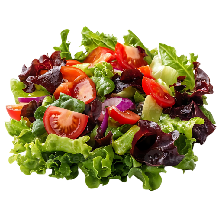 a close up of a salad on a white background