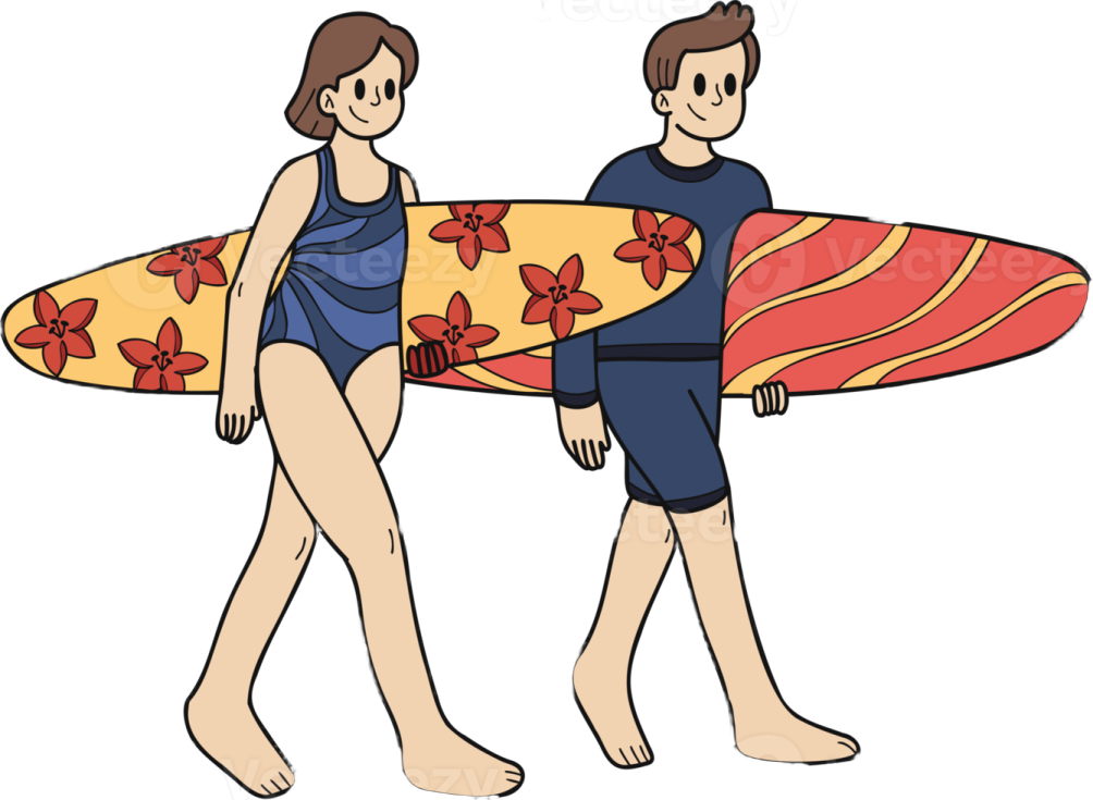 two people carrying surfboards