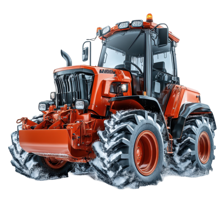 an orange tractor with snow on it