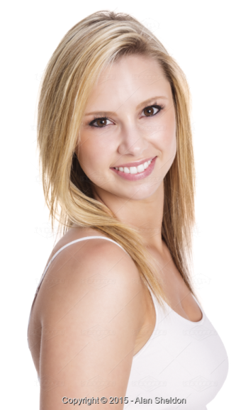 a woman with blonde hair and a white tank top
