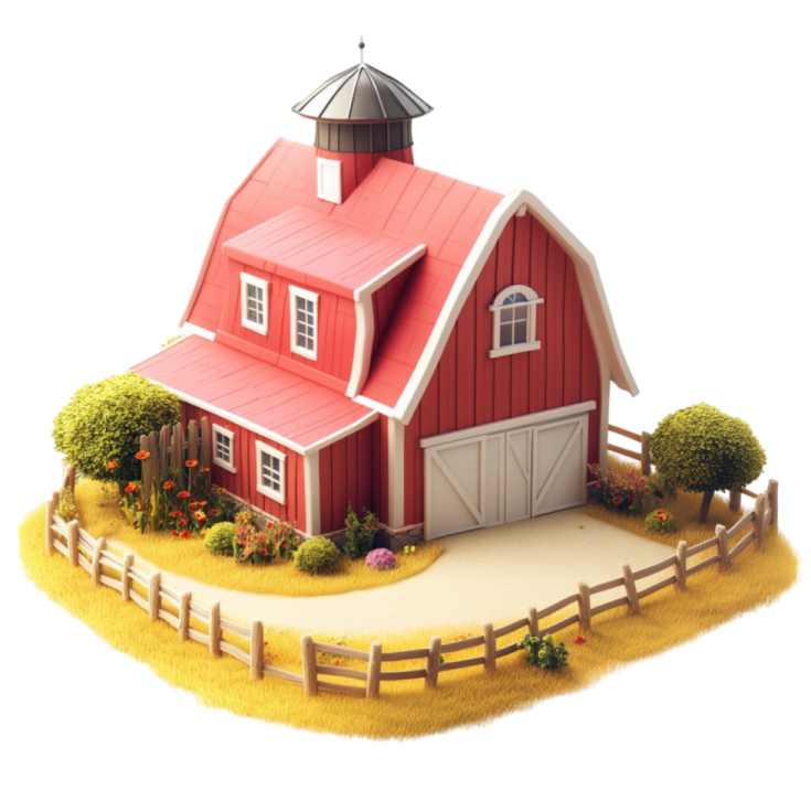 a small red barn with a white roof