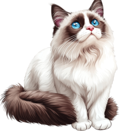 a white and brown cat with blue eyes